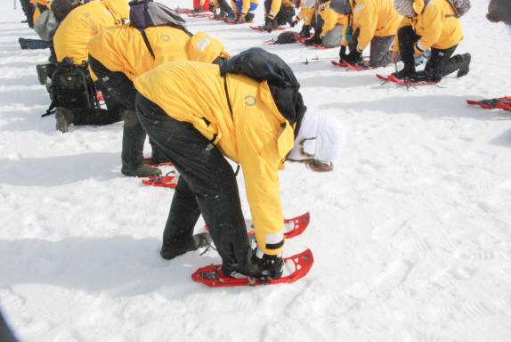 Passageiros do Sea Spirit calçam seus sapatos para neve em Turret Point, em King George Island, na Antártida